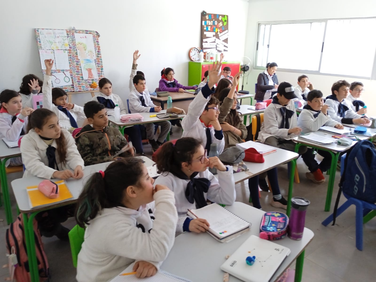 Gesamte Schulklasse im Klassenzimmer. Einige Schüler:innen melden sich